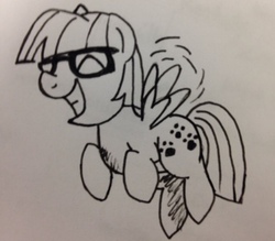 Size: 320x280 | Tagged: safe, artist:wolffnoelle, zippoorwhill, pegasus, pony, g4, 2014, cute, female, filly, flying, foal, glasses, lineart, markers, monochrome, solo, traditional art