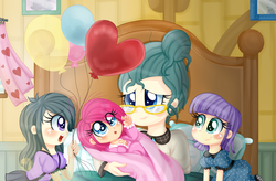 Size: 2602x1712 | Tagged: safe, artist:lucy-tan, cloudy quartz, marble pie, maud pie, pinkie pie, human, g4, balloon, birth, clothes, cute, dress, glasses, humanized, skirt, younger