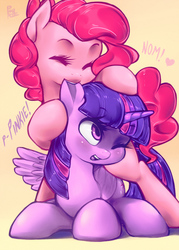 Size: 679x950 | Tagged: safe, artist:phurie edits, edit, pinkie pie, twilight sparkle, alicorn, pony, g4, bipedal, blushing, cute, diapinkes, ear bite, eyes closed, female, heart, lesbian, mare, nom, open mouth, prone, ship:twinkie, shipping, smiling, twilight sparkle (alicorn), wink
