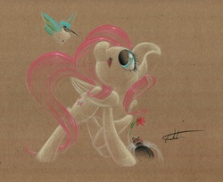 Size: 1280x1045 | Tagged: safe, artist:getchanoodlewet, fluttershy, hummingway, bird, hummingbird, spider, g4, female, solo, traditional art