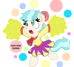 Size: 2388x2181 | Tagged: safe, artist:doneddzorua, coco pommel, earth pony, pony, g4, :o, bipedal, cheerleader, cheerleader outfit, clothes, cocobetes, colors, cute, female, high res, open mouth, pom pom, skirt, solo
