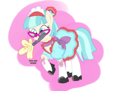 Size: 4255x3191 | Tagged: safe, artist:doneddzorua, artist:madmax, coco pommel, earth pony, pony, g4, clothes, cocobetes, cute, duster, female, glasses, maid, mouth hold, raised hoof, solo, trace, waitress