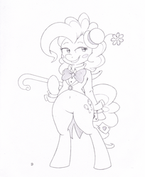 Size: 957x1173 | Tagged: safe, artist:joey darkmeat, pinkie pie, earth pony, pony, g4, belly button, bipedal, bottomless, bowtie, card, clothes, female, lineart, monochrome, performer, solo, traditional art