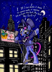 Size: 1280x1768 | Tagged: safe, artist:newyorkx3, twilight sparkle, alicorn, pony, g4, big apple ponycon, bipedal, city, female, frank sinatra, hat, mare, microphone, new york, night, singing, solo, song reference, traditional art, twilight sparkle (alicorn)