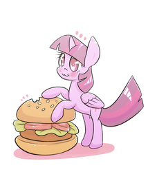 Size: 1200x1400 | Tagged: safe, artist:joycall6, twilight sparkle, alicorn, pony, g4, :3, burger, female, food, mare, micro, omnivore twilight, ponies eating meat, solo, that pony sure does love burgers, this will end in weight gain, twilight burgkle, twilight sparkle (alicorn)
