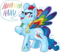 Size: 900x750 | Tagged: safe, artist:hollowzero, rainbow dash, g4, colored wings, evil laugh, fat angry rainbow dash, female, laughing, multicolored wings, rainbow dash always dresses in style, rainbow power, rainbow wings, simple background, solo, toy, toy interpretation, transparent background