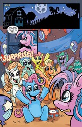 Size: 663x1019 | Tagged: safe, earth pony, pony, unicorn, balloon, bipedal, charliehorse, comic, dynamite entertainment, lolliclop, moon, my little phony, parody, present, preview, sitting