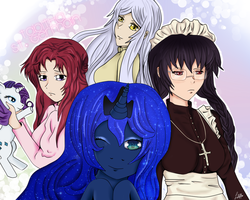 Size: 1000x800 | Tagged: safe, artist:lolikko, princess luna, rarity, g4, black lagoon, fllay allster, gundam 00, gundam seed, roberta, soma peries, tabitha st. germain