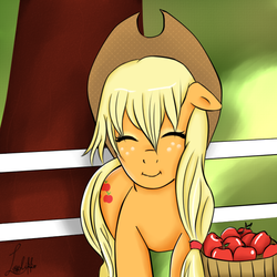 Size: 600x600 | Tagged: safe, artist:lolikko, applejack, g4, apple, eyes closed, female, fence, floppy ears, food, solo