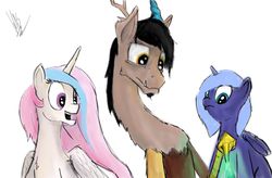 Size: 1759x1157 | Tagged: safe, artist:greyscaleart, discord, princess celestia, princess luna, g4, magic, younger