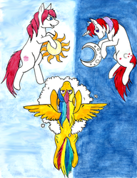 Size: 1648x2150 | Tagged: safe, artist:ayakemono, moondancer (g1), skydancer, sundance, g1, moon, sun, traditional art