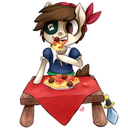 Size: 1000x1000 | Tagged: safe, artist:grandifloru, pipsqueak, earth pony, pony, g4, colt, eating, eyepatch, foal, food, male, meatball, pipsqueak eating spaghetti, pirate costume, simple background, solo, spaghetti, sword, table, transparent background, weapon
