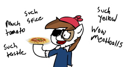 Size: 960x515 | Tagged: safe, artist:xxspikethedragonxx, pipsqueak, g4, colt, doge, eyepatch, foal, food, male, meme, pipsqueak eating spaghetti, pirate costume, ponies eating meat, solo, spaghetti