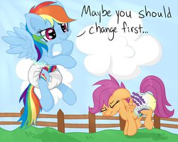Size: 1280x1024 | Tagged: safe, artist:skitter, rainbow dash, scootaloo, pegasus, pony, g4, dialogue, diaper, diaper fetish, duo, female, filly, flying, frilly diaper, mare, non-baby in diaper, poofy diaper, urine, wet diaper