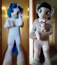 Size: 3084x3488 | Tagged: dead source, safe, artist:atalonthedeer, dj pon-3, octavia melody, vinyl scratch, human, g4, bedroom eyes, cosplay, couple, fursuit, high res, irl, irl human, looking at you, photo, plushie, plushie ponidox, ponysuit