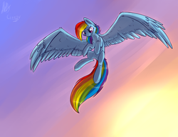 Size: 3000x2300 | Tagged: safe, artist:suplolnope, rainbow dash, g4, female, fluffy, flying, high res, large wings, solo, spread wings