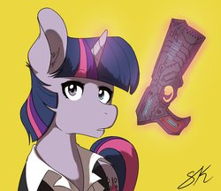 Size: 961x832 | Tagged: safe, artist:shadowkixx, twilight sparkle, pony, unicorn, g4, akane tsunemori, clothes, crossover, dominator, female, gun, psycho pass, simple background, solo, stun gun, weapon