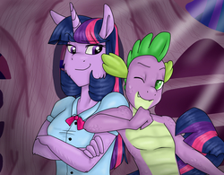 Size: 1388x1084 | Tagged: safe, artist:namyg, spike, twilight sparkle, anthro, g4, clothes, double the fun, equestria girls outfit, female, male, ship:twispike, shipping, straight