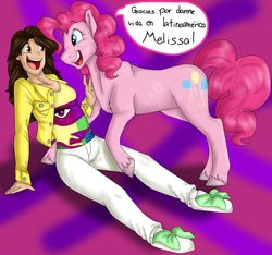 Size: 1981x1853 | Tagged: safe, artist:namyg, pinkie pie, human, g4, comic, melissa gedeón, spanish, translated in the comments, voice actor