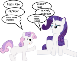 Size: 955x765 | Tagged: safe, artist:saburodaimando, rarity, sweetie belle, pony, unicorn, g4, duo, duo female, error, female, fill error, filly, foal, germain-corlett insult war of 2014, horn, insult, insults, justin bieber, mare, pauly shore, taunting