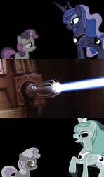 Size: 550x927 | Tagged: safe, princess luna, sweetie belle, for whom the sweetie belle toils, g4, crossover, dalek, doctor who, exterminate, inverted colors