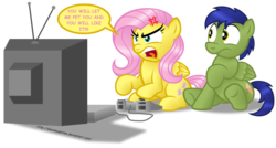 Size: 1024x550 | Tagged: safe, artist:aleximusprime, fluttershy, oc, oc:glyde, pegasus, pony, g4, female, flutterrage, gamershy, gaming, mare, scared, simple background, television, transparent background, video game