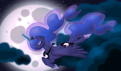 Size: 850x500 | Tagged: safe, artist:dynochic, princess luna, g4, cloud, cloudy, female, flying, moon, solo