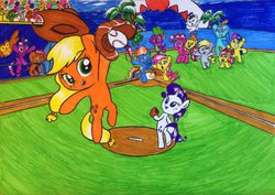 Size: 1024x724 | Tagged: safe, artist:mrhaliboot, applejack, babs seed, bon bon, derpy hooves, fluttershy, lyra heartstrings, pinkie pie, rainbow dash, rarity, spike, sweetie drops, twilight sparkle, pegasus, pony, g4, baseball, female, mane seven, mane six, mare, mario super sluggers, parody, style emulation, super mario bros.