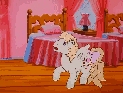 Size: 718x540 | Tagged: safe, screencap, baby lofty, pegasus, pony, g1, little piece of magic, my little pony 'n friends, animated, baby, baby lofty can fly, baby lofty can't fly, baby loftybetes, baby pony, bed, bedroom, blue bow, book, bookshelf, bow, ceiling, checkers, crash, curtains, cute, female, filly, flying, lamp, lullabye nursery, oof, pink bow, practice, table, tail, tail bow, toy, whoa, window