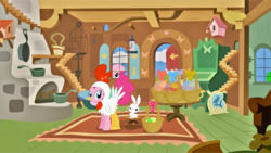 Size: 1275x718 | Tagged: safe, angel bunny, fluttershy, pinkie pie, g4, animal costume, chicken pie, chicken suit, clothes, costume, easter, easter egg, fluttershy's cottage