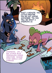 Size: 585x817 | Tagged: safe, artist:andy price, edit, idw, princess luna, spike, g4, board game, comic, kwyjibo, male, parody, scrabble, text edit, the simpsons