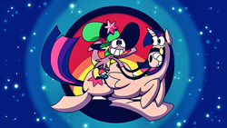 Size: 1280x720 | Tagged: safe, artist:panyang-panyang, spike, twilight sparkle, alicorn, pony, g4, crossover, female, mare, reins, space, twilight sparkle (alicorn), wander over yonder, wander over yonder reference, wander's hat