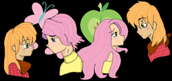 Size: 800x379 | Tagged: safe, artist:1231redflame, big macintosh, fluttershy, human, g4, black background, butterscotch, female, humanized, macareina, male, rule 63, ship:butterreina, ship:fluttermac, shipping, simple background, straight