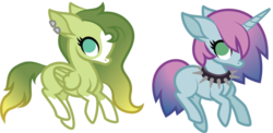 Size: 1024x498 | Tagged: safe, artist:ivyhaze, oc, oc only, pegasus, pony, unicorn, blank flank, duo, earring, female, mare, simple background, spiked choker, transparent background