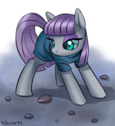 Size: 600x657 | Tagged: safe, artist:racoonsan, maud pie, earth pony, pony, g4, clothes, eyeshadow, female, looking down, mare, rock, solo