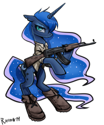 Size: 900x1080 | Tagged: safe, artist:racoonsan, princess luna, pony, g4, ak-47, bipedal, clothes, female, gun, rifle, simple background, solo, weapon, wingless