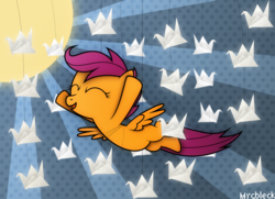 Size: 4151x3000 | Tagged: safe, artist:mrcbleck, scootaloo, g4, cute, cutealoo, eyes closed, female, hanging, happy, paper, paper birds, scootaloo can't fly, smiling, solo, string, strings, sun