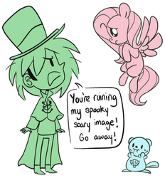 Size: 500x538 | Tagged: safe, artist:ecokitty, fluttershy, human, oshawott, g4, crossover, dialogue, dr jekyll and mr hyde, hat, mr hyde, pokémon, speech bubble, the glass scientists, top hat