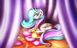 Size: 1920x1200 | Tagged: safe, artist:shydale, princess celestia, g4, bed, butt, chocolate, curtains, dock, female, looking at you, looking back, on side, pillow, plot, silk, smiling, solo, strategically covered