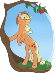 Size: 500x669 | Tagged: safe, artist:thomisus, applejack, pony, g4, apple, bipedal, bipedal leaning, eyes closed, female, partial background, smiling, solo, tree
