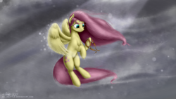 Size: 1920x1080 | Tagged: safe, artist:abluskittle, fluttershy, pegasus, pony, g4, hurricane fluttershy, female, flying, goggles, hoof hold, mare, rain, signature, solo, spread wings, windswept mane, windswept tail, wings