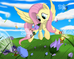 Size: 1920x1536 | Tagged: safe, artist:hydrusbeta, fluttershy, breezie, pegasus, pony, g4, cloud, female, flower, grass, mare, sky