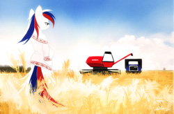 Size: 1200x793 | Tagged: safe, artist:kejifox, oc, oc only, oc:marussia, pony, bipedal, clothes, field, food, nation ponies, russia, russian, solo, truck, wheat, wheat field