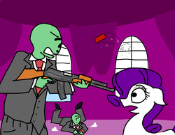 Size: 900x700 | Tagged: safe, artist:telmond2k4, rarity, oc, oc:anon, g4, ak-47, gun, rifle, robbery, trio