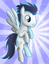 Size: 1024x1330 | Tagged: safe, artist:rdapplepie, soarin', pegasus, pony, g4, flying, male, old cutie mark, solo, spread wings, stallion, wings