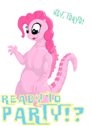 Size: 5100x7019 | Tagged: safe, artist:jacobdobson, pinkie pie, kaiju, g4, absurd resolution, crossover, dialogue, female, godzilla, godzilla (series), kaijufied, solo, species swap