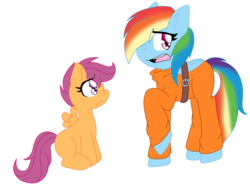 Size: 1024x760 | Tagged: safe, artist:sketchstarlight, rainbow dash, scootaloo, g4, belt, bound wings, clothes, cute, duo, frown, nervous, open mouth, prison outfit, prisoner, prisoner rd, raised hoof, sad, sitting