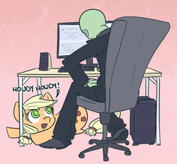 Size: 881x819 | Tagged: safe, artist:nobody, applejack, oc, oc:anon, earth pony, human, pony, g4, chair, clothes, computer, computer mouse, desk, dialogue, keyboard, monitor, open mouth, pants, prone, shirt, shoes, silly, silly pony, sitting, speaker, suit