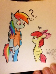 Size: 960x1280 | Tagged: safe, artist:billie-joe-twerks, apple bloom, rainbow dash, earth pony, pony, g4, angry, bipedal, clothes, confused, duo, hand, prison outfit, prisoner, prisoner rd, traditional art