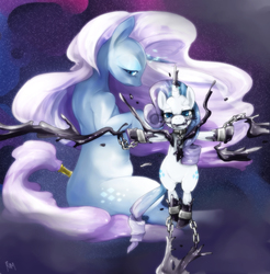 Size: 1000x1016 | Tagged: safe, artist:girlieginger, nightmare rarity, rarity, semi-anthro, g4, bondage, chains, crying, duality